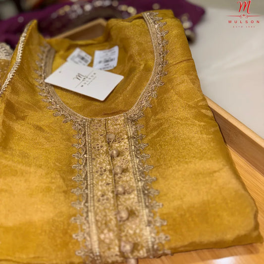 Unstitched Mustard Tissue Shimmer Suit with Wine Crush Tissue Dupatta