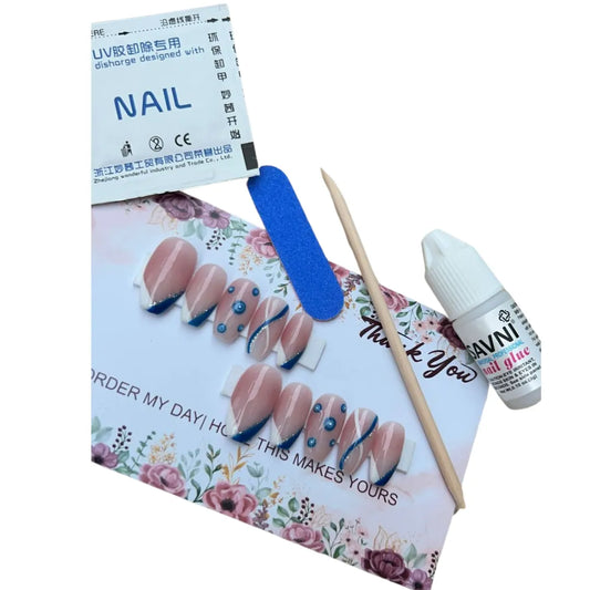 Coffin-Shaped Evil Eye Press-On Nails with Blue and White French Tip Swirl Art