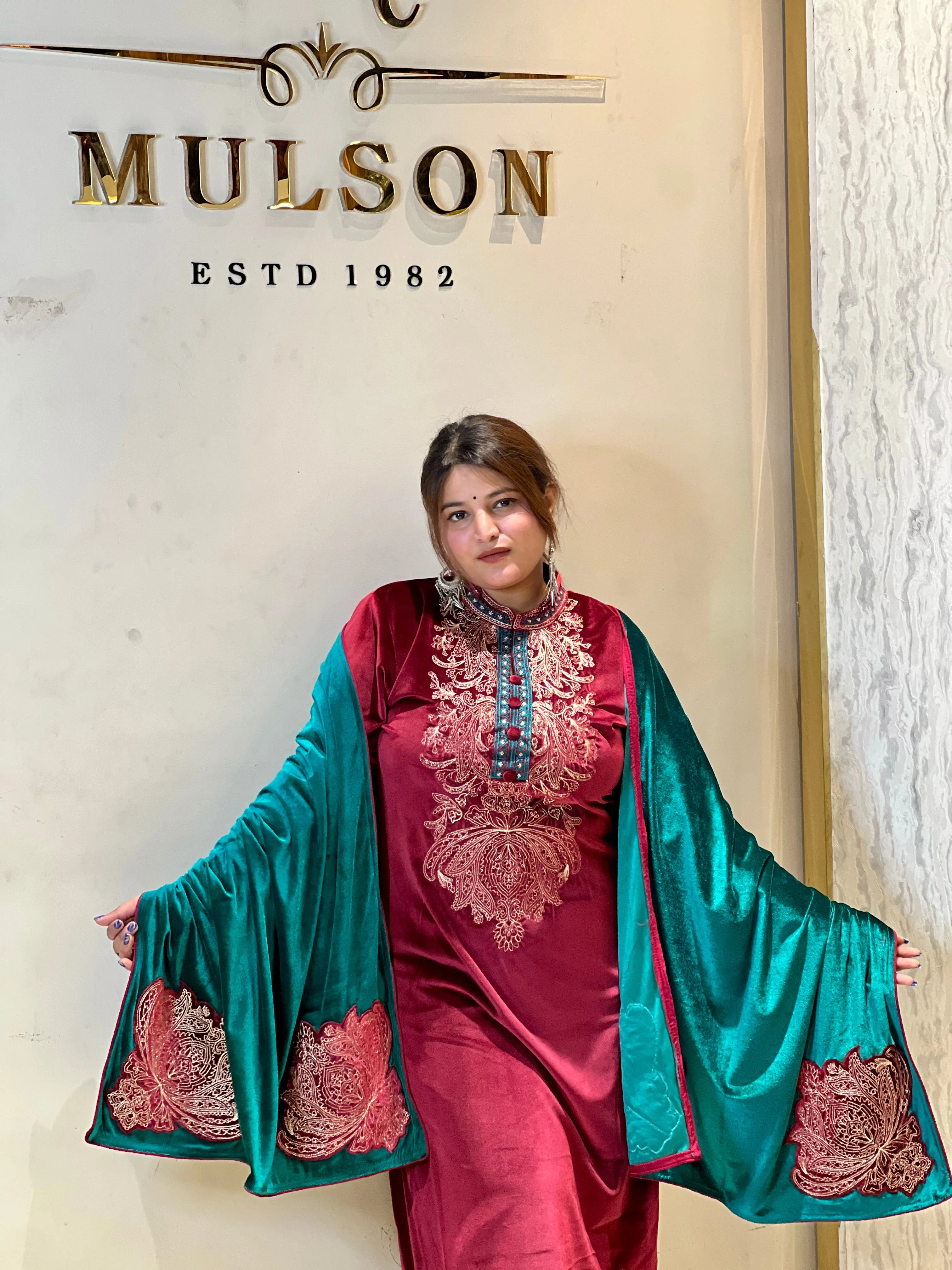 KF-2413-Three-Piece Maroon Velvet Suit with Contrast Sea Green Shawl