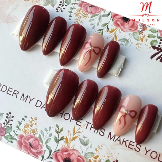 Almond-Shaped Wine Color Press-On Nails with Elegant Bow Design