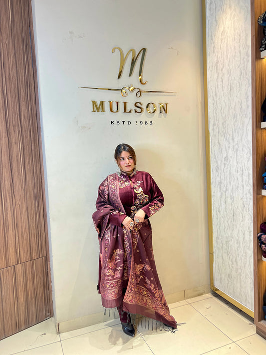 Three-Piece Wine Velvet Suit with Banarasi Dupatta – Luxury & Tradition Combined