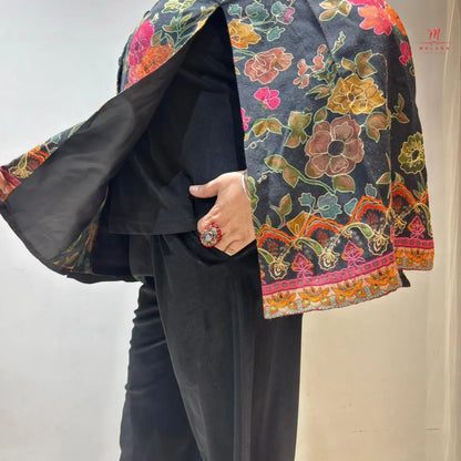 Black Cape Set with Multithread Work and Hand Embroidery