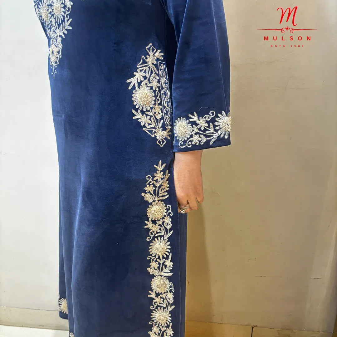 Premium Velvet Phiran Suit with Embroidered Straight Pants