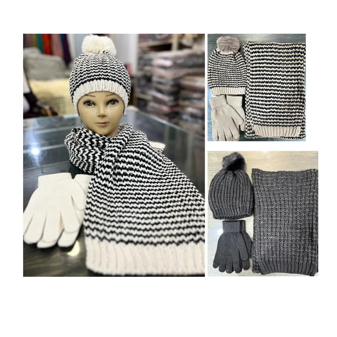 Winter Unique Cap, Scarf, and Gloves Set – Black & White for Women