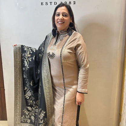 Corduroy Velvet Suit with Black Banarasi Dupatta