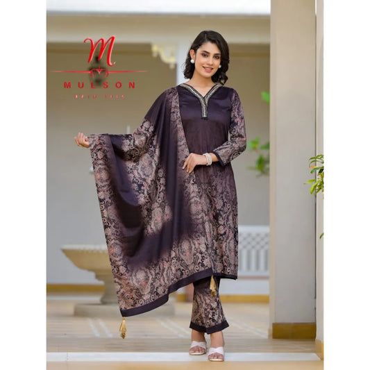 Velvet Three-Piece Digital Print Suit with V-Neck Hand Work